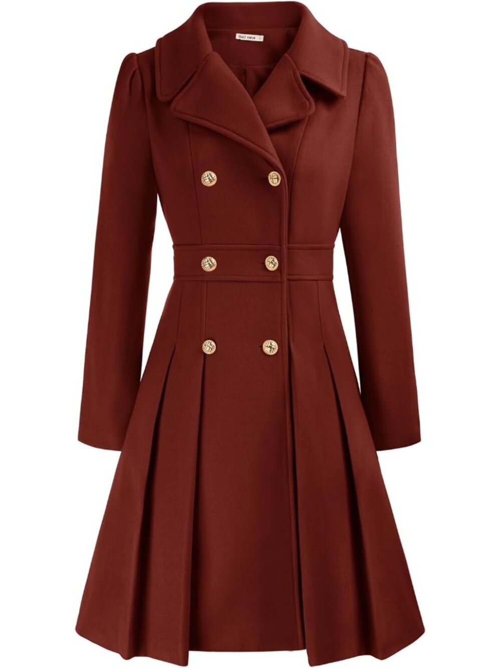 Women's Burgundy Double Breasted Gold Button Notch Lapel Pleated Trench Pea Coat